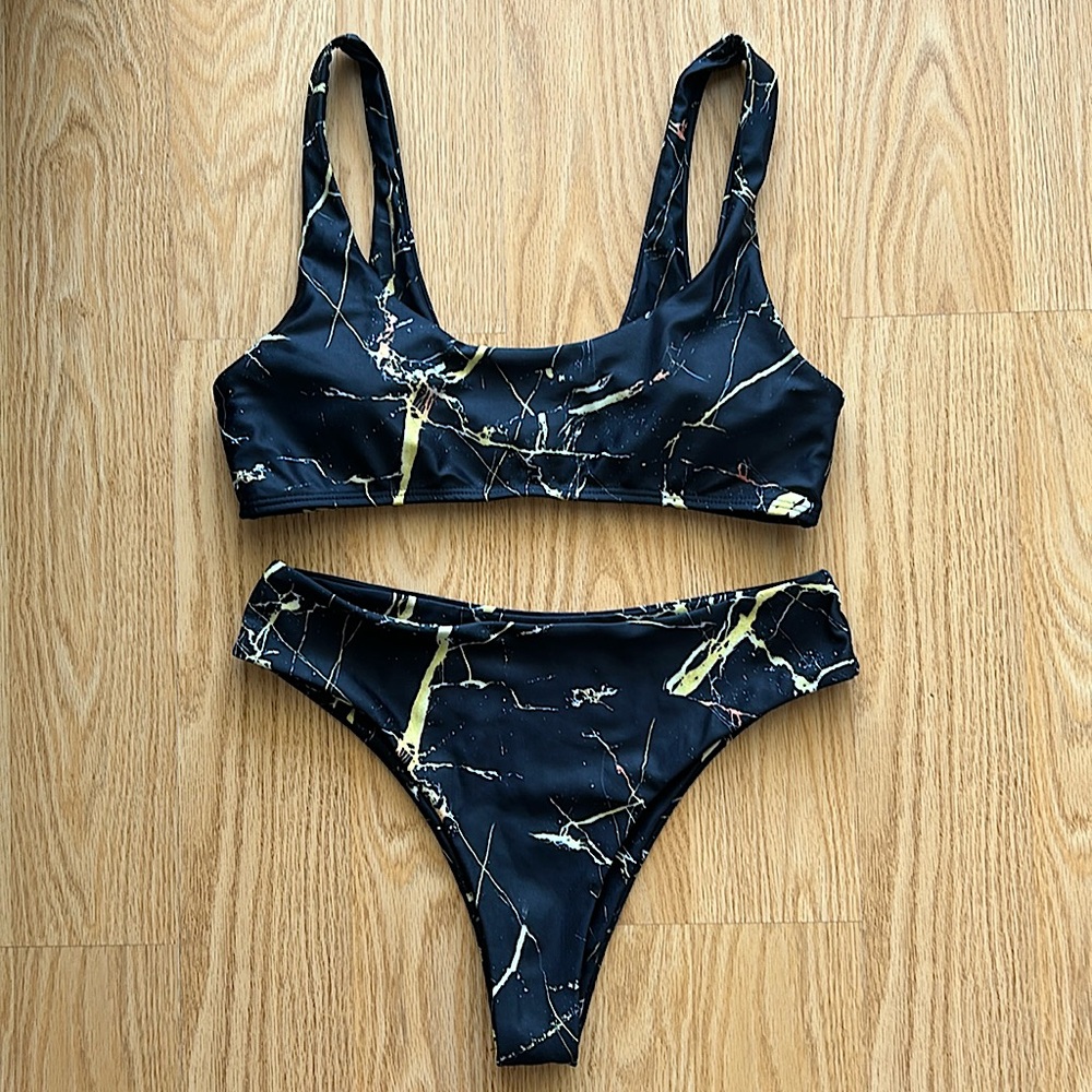 Black with yellow splatter bikini set small